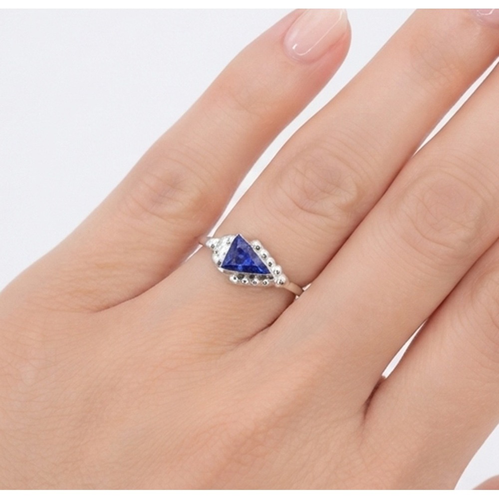 Royal Blue Synthetic Triangle Opal Ring Sterling Silver Ring Size 7.75US